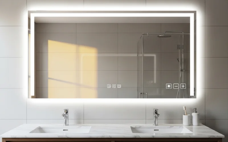 Smart LED bathroom mirror with touch control and adjustable color temperature.