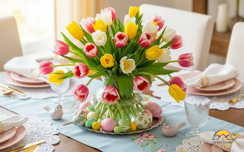 Spring dining table centerpiece with tulips and pastel colors.