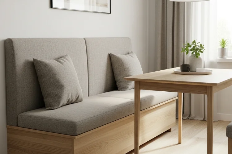 Modern straight wall banquette bench against a flat wall, neutral upholstered cushions, small wooden dining table.