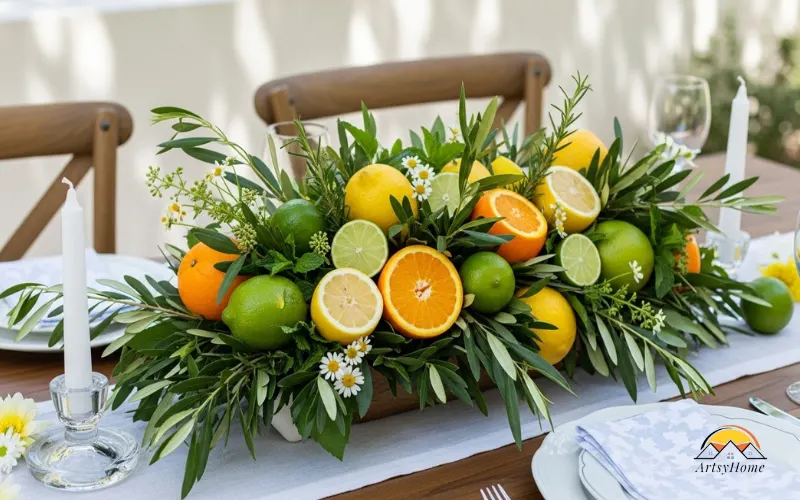 Summer dining table centerpiece with citrus and greenery.