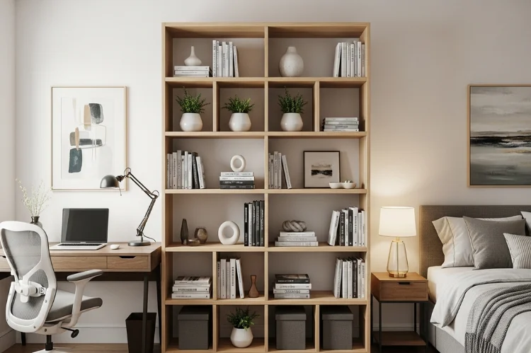 A tall open bookshelf used as a room divider between desk and bed, office zone on one side, guest bed on other.