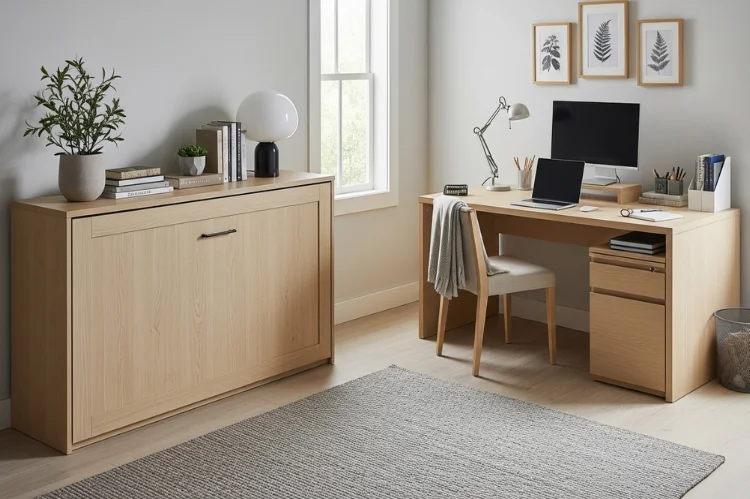 A cabinet bed disguised as a console table with decor on top, bed folded inside furniture.