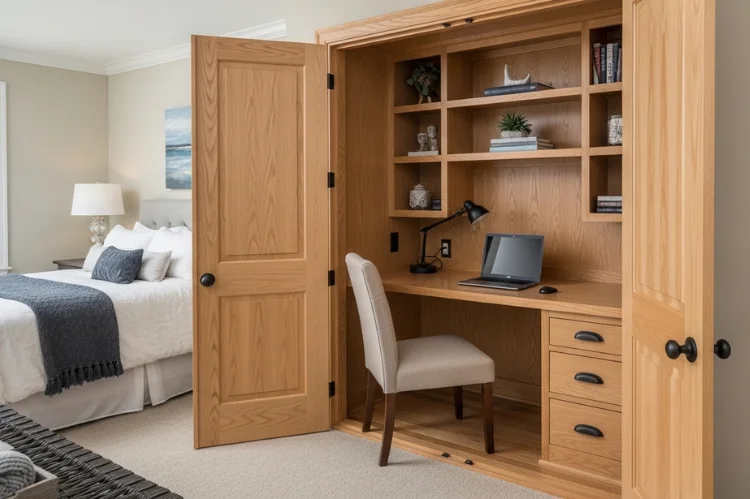 A closet converted into a built-in office with desk and shelves, doors open while working, closed to hide office.