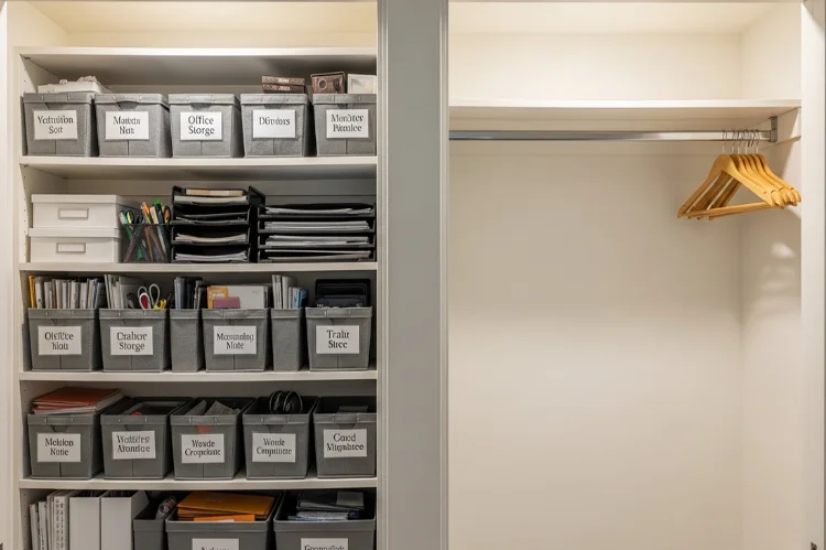 A closet divided into office storage and guest space, labeled bins on one side, empty hanging space on other.