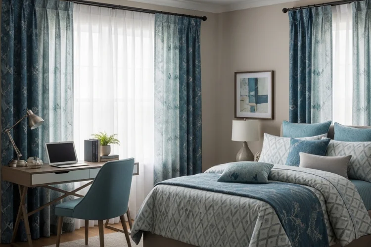 Coordinated bedding, curtains, and desk chair fabrics in matching color palette, visually cohesive room.