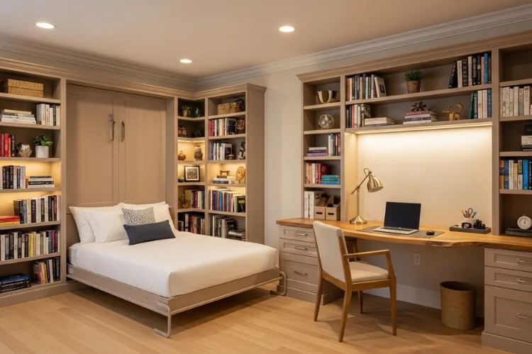 A murphy bed installed in corner with floor-to-ceiling bookshelves on both sides, desk on adjacent wall, built-in custom look.