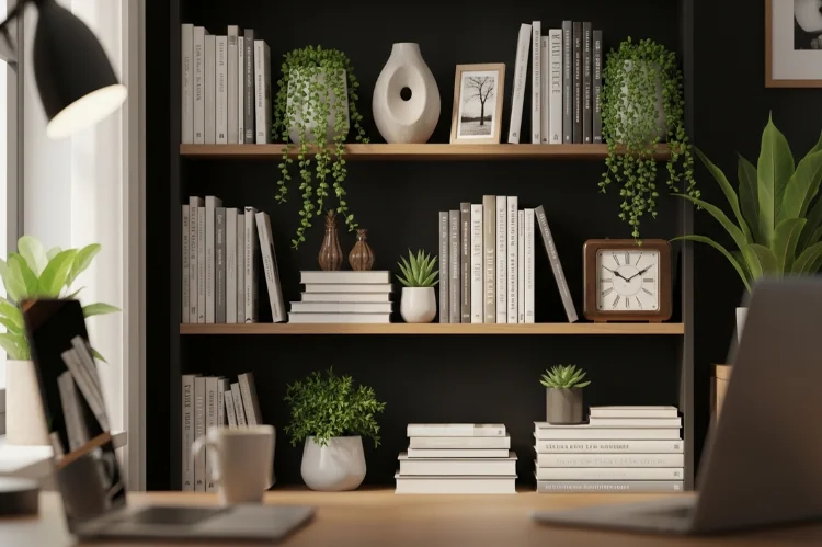 A bookshelf styled specifically for video calls, books, plants, decor, desk in foreground.