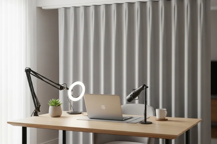 A ceiling-mounted curtain behind desk used as clean video call background.
