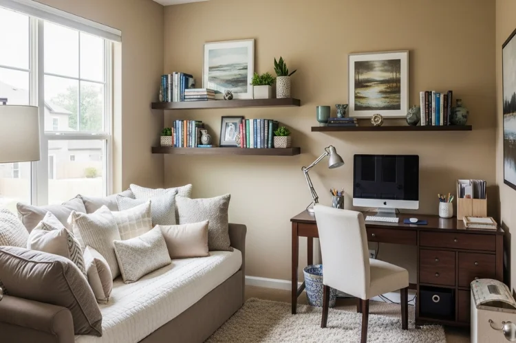 A cozy office guest room with a daybed under a window, pillows styled like a bench, floating shelves above with books and plants.