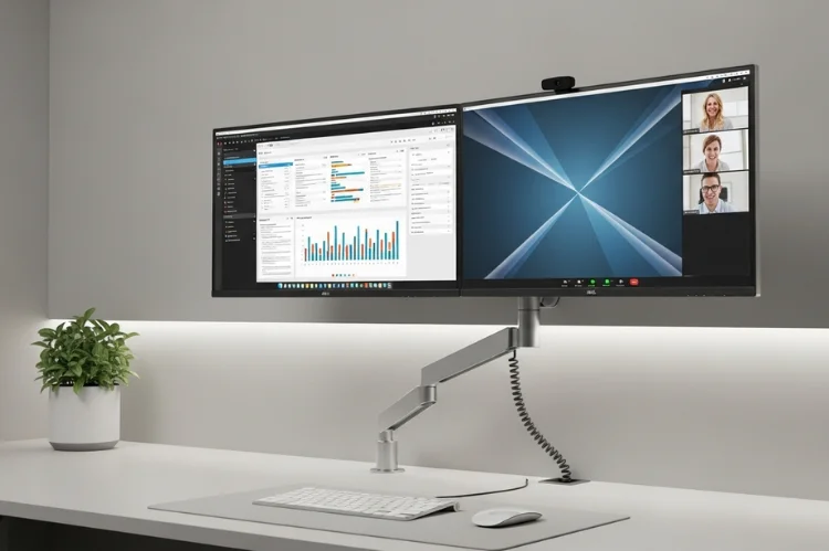Dual monitors mounted on swing arm pushed flat against wall, flexible office tech.