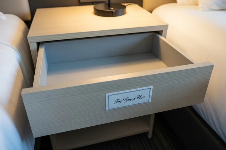 Nightstand drawer left empty and labeled for guest use, clean and intentional hospitality.