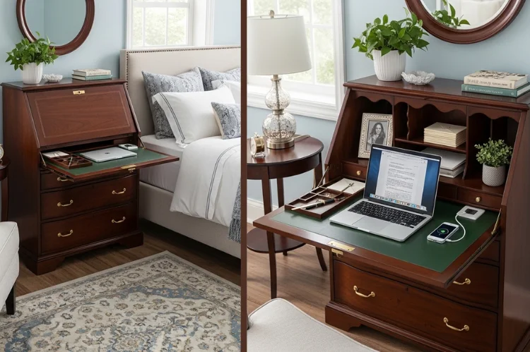 A fold-down secretary desk closed and open, hiding office supplies, elegant furniture in guest bedroom office setup.