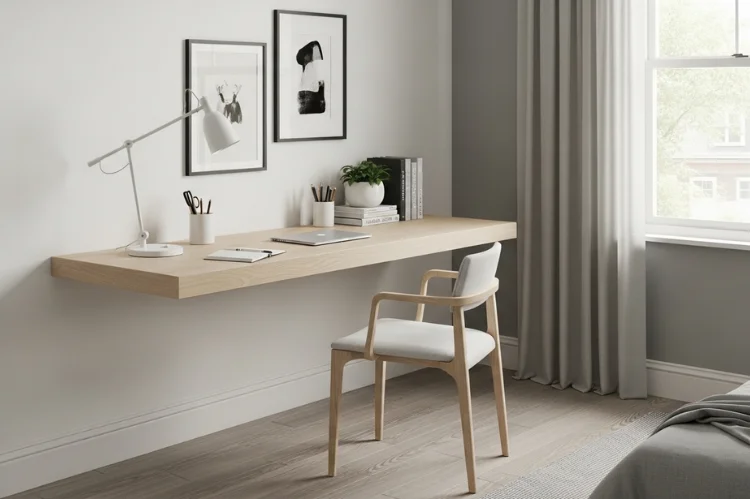 A wall-mounted floating desk with no legs, open floor underneath, compact guest room office.