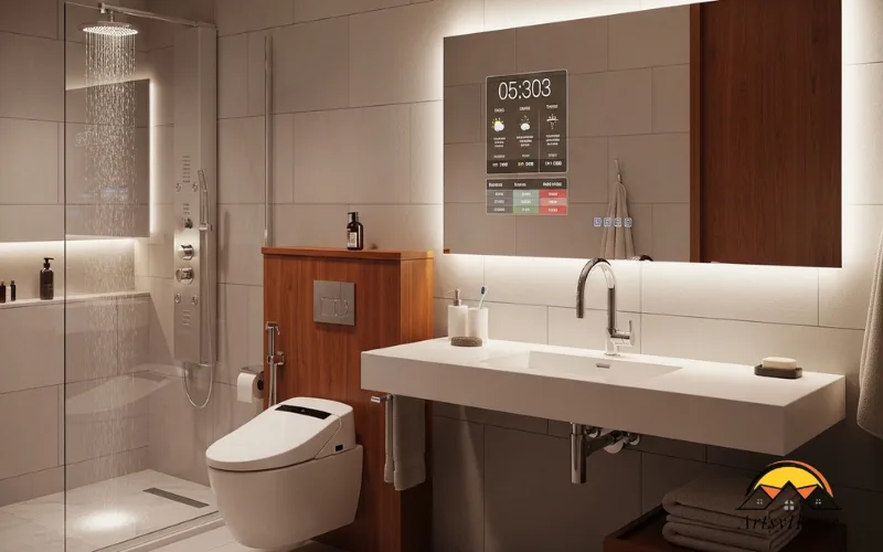 High-tech smart bathroom with motion-sensor faucets, smart mirror with defogger, adjustable lighting, futuristic yet cozy design.