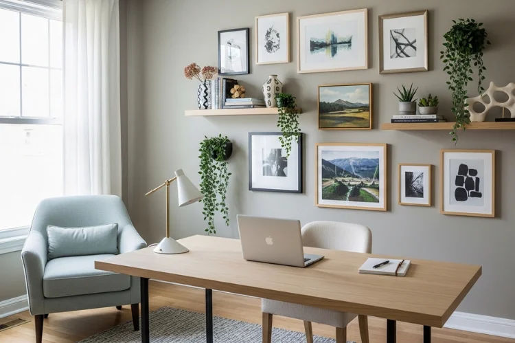 A desk facing a curated gallery wall with framed art, shelves, plants, professional video call background, stylish guest room.