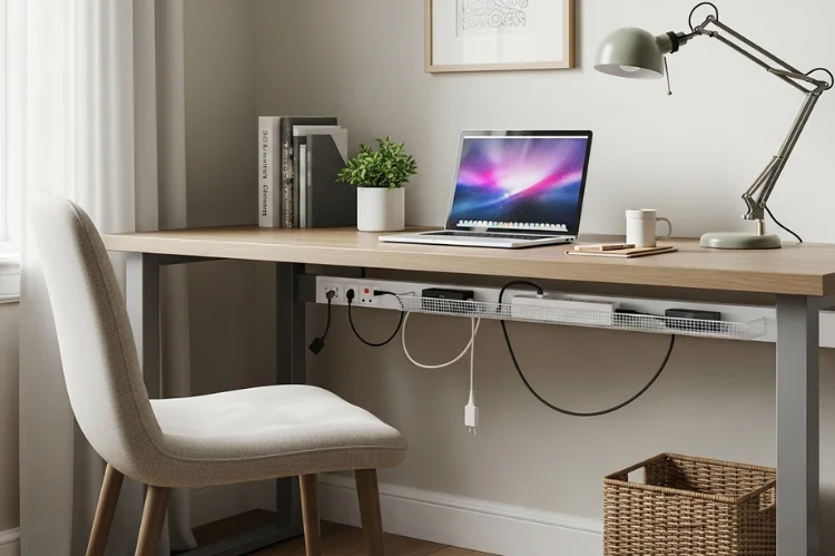 Under-desk cable tray hiding wires, clean desk area, tidy guest room office.
