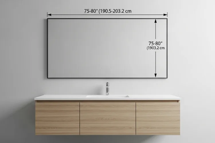Bathroom vanity with measurement marks showing 75–80 inches height placement above mirror