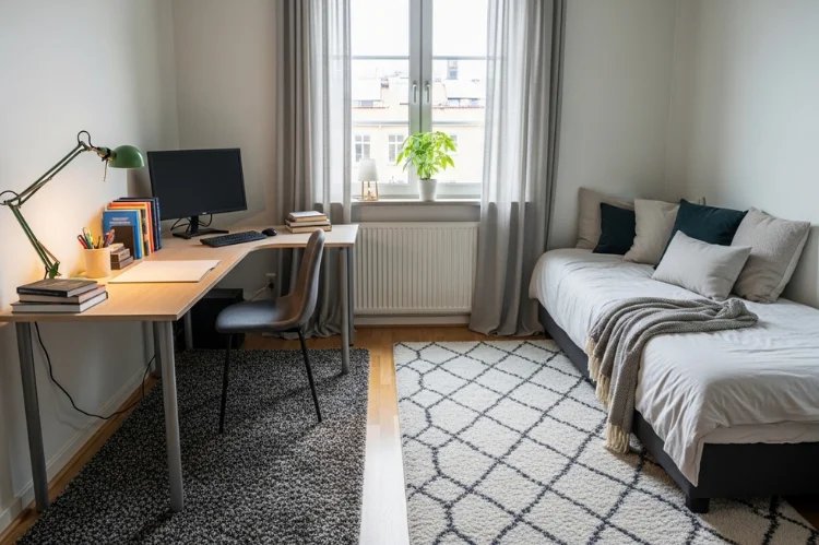 Small room with L-shaped desk in one corner and daybed in opposite corner, rugs defining zones, diagonal layout creating openness.
