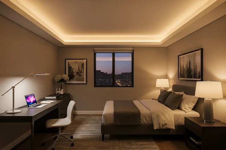Office guest room showing ambient, task, and bedside lighting working together harmoniously.