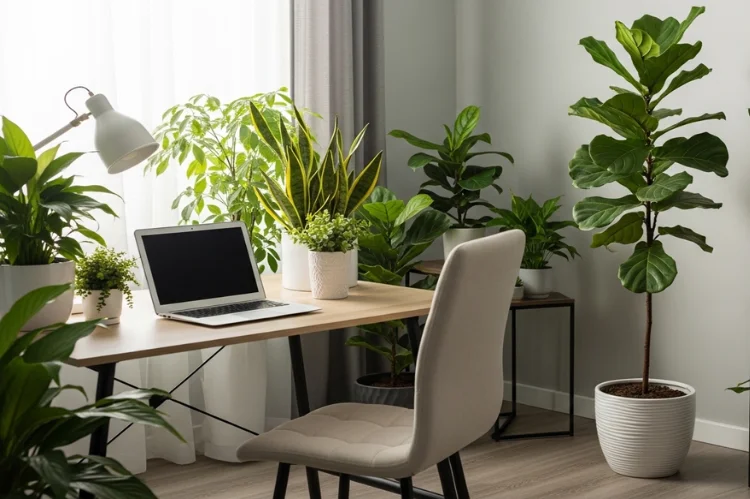 Office guest room filled with indoor plants, desk plant, corner floor plant, fresh and calming atmosphere.