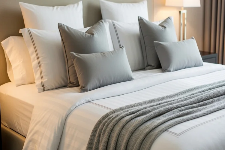 High-quality bedding on guest bed, plush pillows and hotel-style linens.