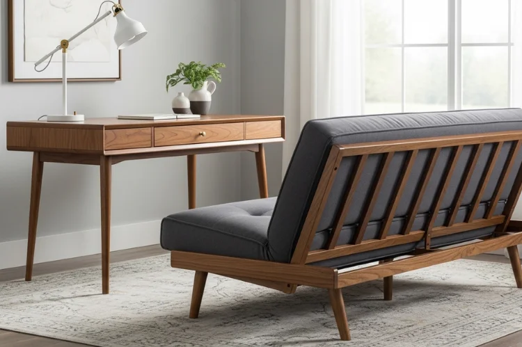 A mid-century modern futon with wooden frame in office guest room, desk opposite futon, warm walnut tones.