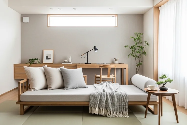 A minimalist low platform daybed with clean lines, neutral tones, desk opposite wall, Japanese-inspired calm interior design.