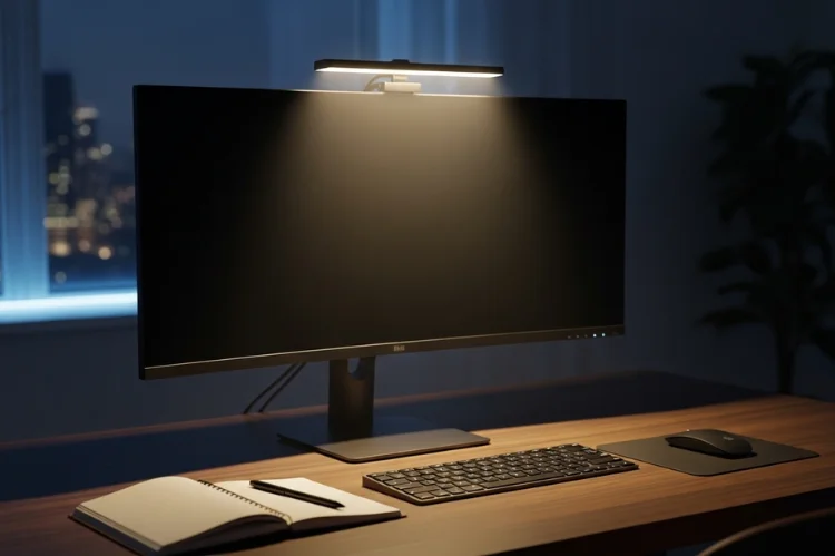 A monitor light bar mounted on screen, focused desk lighting, dim surrounding room, modern home office.