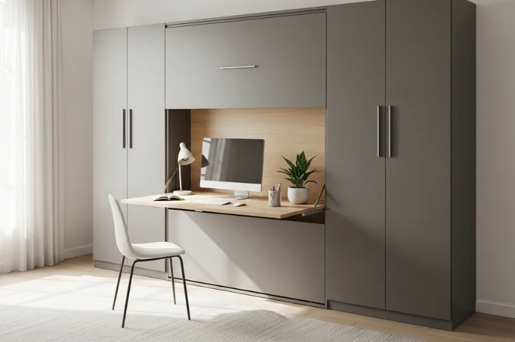 A murphy bed with integrated fold-down desk, desk open during daytime with monitor and plant, bed hidden inside cabinet.