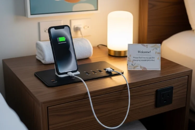 A nightstand with built-in charging station, phone dock, guest-friendly setup.