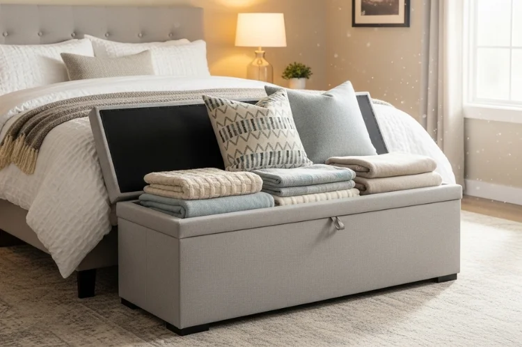 A storage ottoman bench at foot of bed holding blankets and pillows, multi-functional seating and storage.