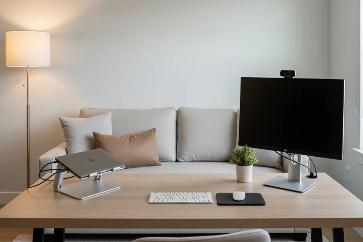 A sleeper sofa placed behind a work desk, professional video call background, neutral-colored sofa, clean office setup.