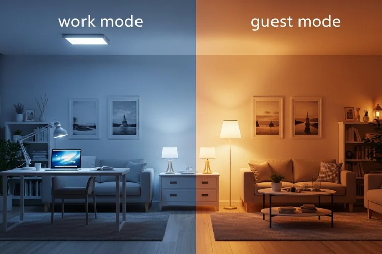 Smart lighting scenes switching between work mode and guest mode, same room with different moods.