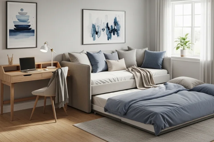 A daybed with pull-out trundle bed extended to create a king-size sleeping surface, styled as a sofa during daytime.