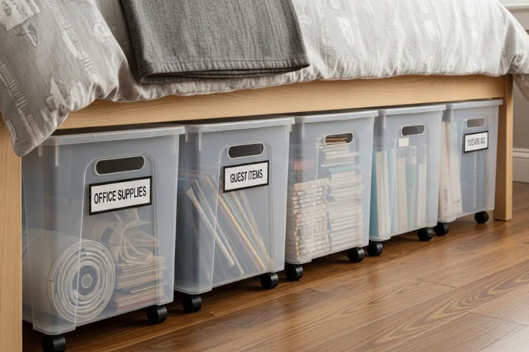 Rolling storage bins neatly stored under bed, labeled containers for office and guest items.