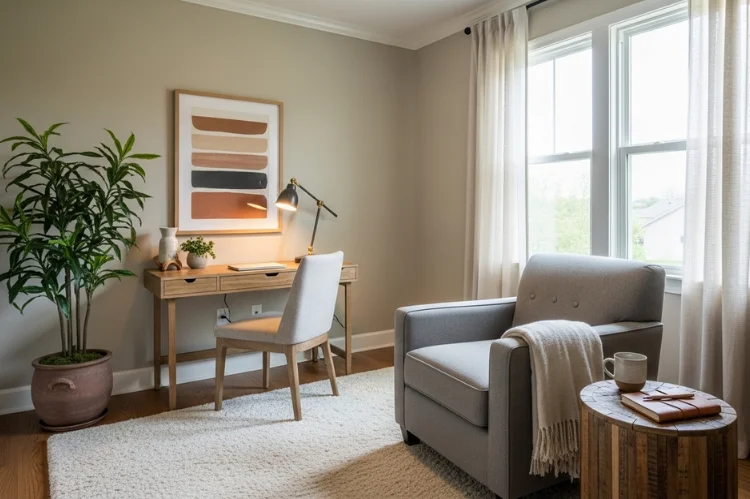 Office guest room painted in warm greige or sage tones, natural textures, cozy yet professional.