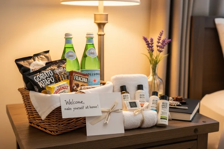 A welcome basket on nightstand with snacks, water, toiletries, thoughtful guest details.