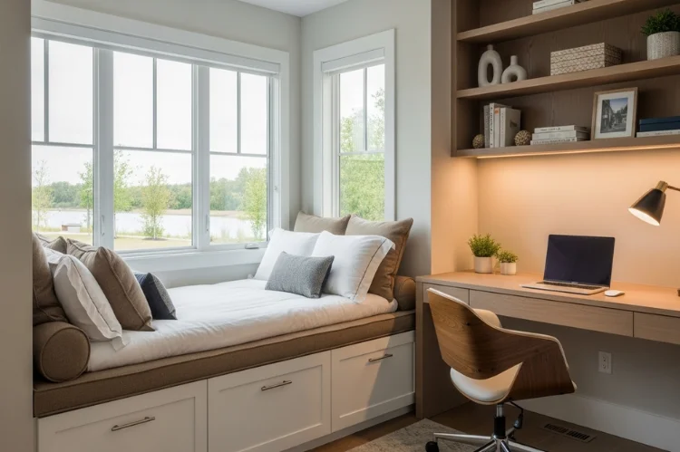 A custom window seat deep enough for sleeping, cushions during day, and architectural guest room office