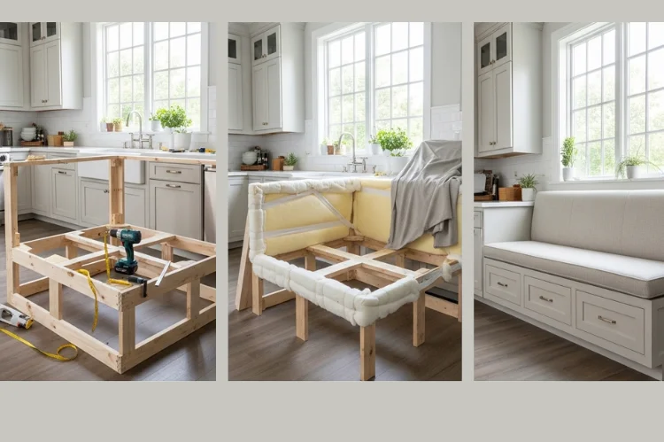 Step-by-step visual of a banquette build timeline, from DIY assembly to cushion fabrication, neutral upholstered bench.