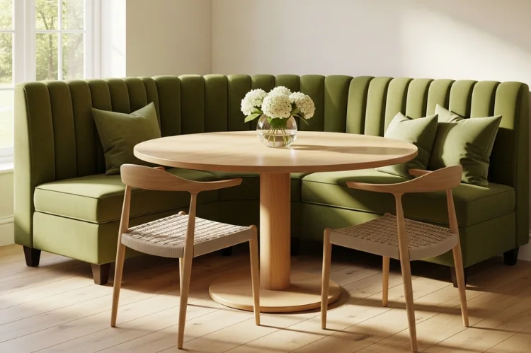 Elegant tufted and channeled banquette bench in a modern dining space, velvet upholstery, round wooden table.