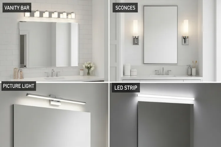 Collage of different bathroom vanity lighting types above mirror (vanity bar, sconces etc