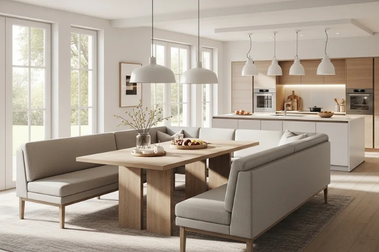 U-shaped banquette seating wrapping around three sides of a dining table, neutral upholstery, modern open-plan kitchen.