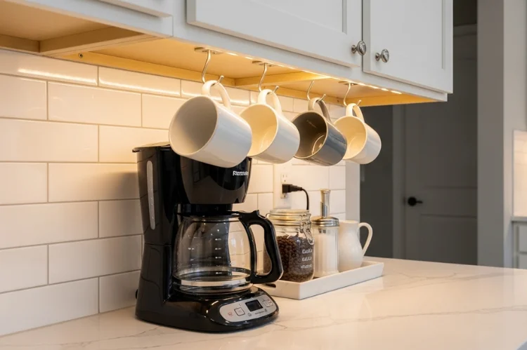 An under-cabinet coffee station with mug hooks, coffee maker on counter, soft under-cabinet lighting.