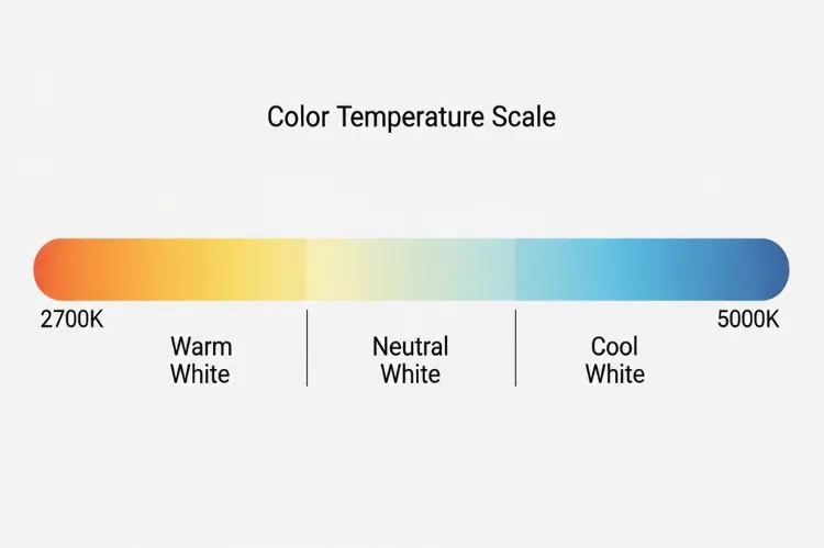 Clean infographic showing color temperature scale from 2700K to 5000K, warm yellow to cool blue gradient bar, labeled sections for warm white, neutral white, and cool white
