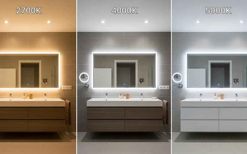 Infographic style bathroom lighting showing 2700K, 4000K, 5000K comparison.