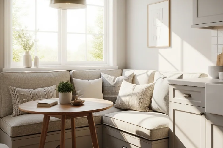 Soft upholstered banquette with fabric cushions in neutral tones, modern small kitchen, small wooden table.