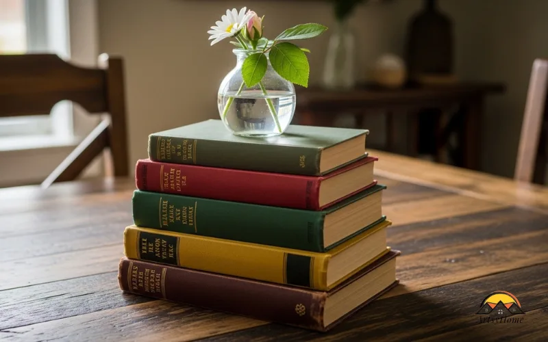 Vintage book stack centerpiece with small bud vase and single flower on dining table.