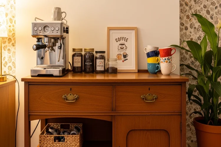 A vintage dresser repurposed as a coffee bar, refinished wood, espresso machine on top, charming retro home interior.