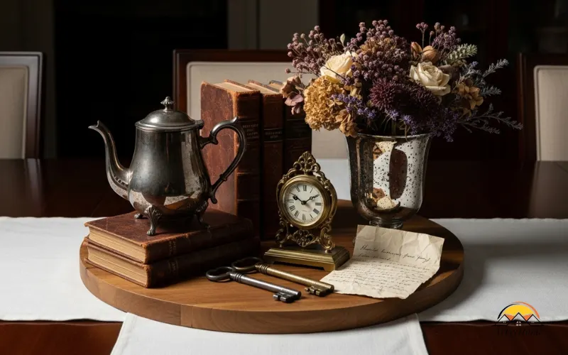 Dining table centerpiece made of vintage objects arranged on tray.