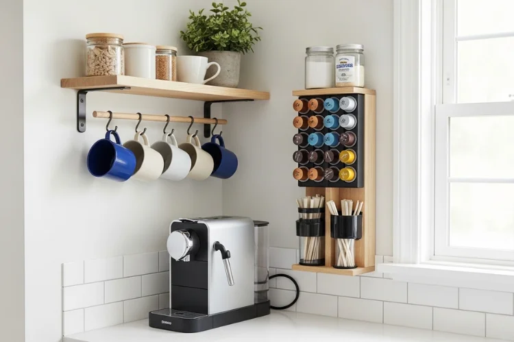 A wall-mounted floating shelf coffee bar with mugs, coffee machine, vertical storage, small kitchen solution.